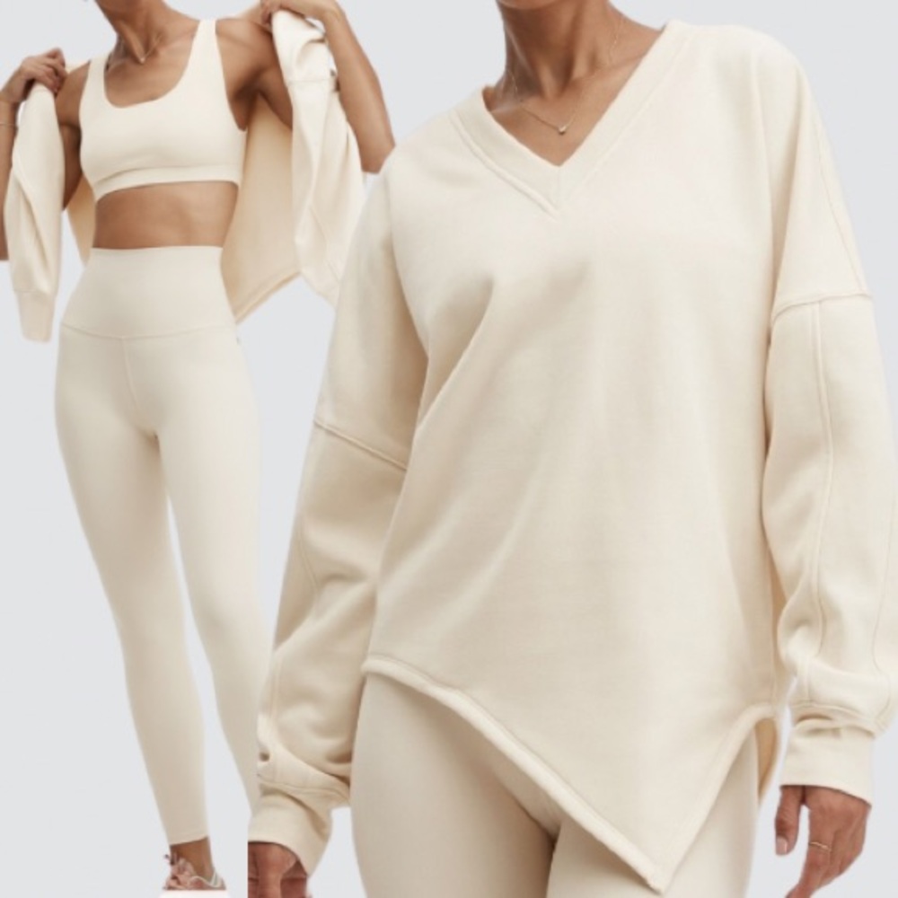 Fabletics Mira Pullover Latte Asymmetrical V-Neck Sweatshirt